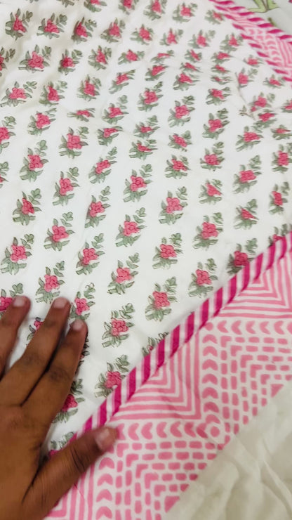 Blush Pink Floral Reversible HandBlock Printed Quilt